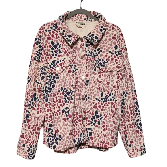SAVANNA JANE Shacket Womens Plus 1X Pink Blue Animal Print Corduroy Button Up - Picture 2 of 12